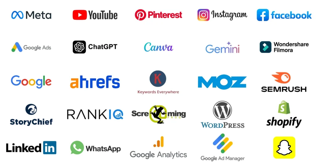 A collage of digital tools taught in the digital marketing course in Surat at Digital Keshav Academy, the trusted digital marketing institute in Surat—featuring Meta, YouTube, Google Ads, Canva, and more.
